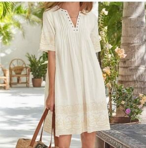 Sundance Cream Nicolette Sweet Cotton Dress V Neck Embroidery Short Sleeve